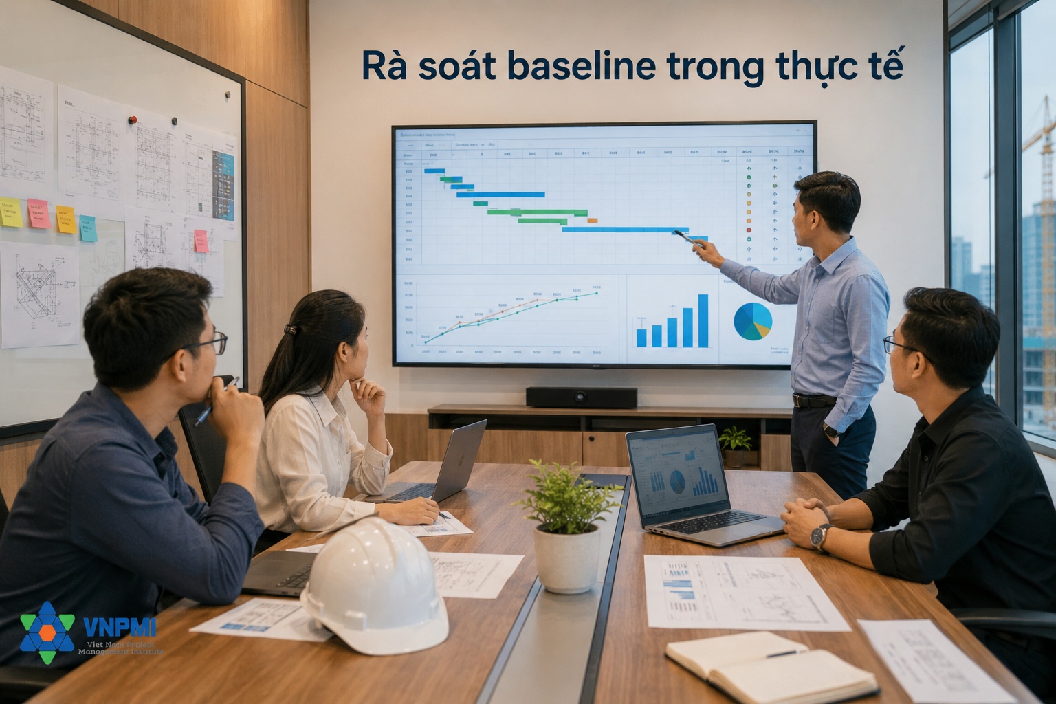 Nhóm quản lý dự án rà soát baseline và sai lệch trong cuộc họp thực tế