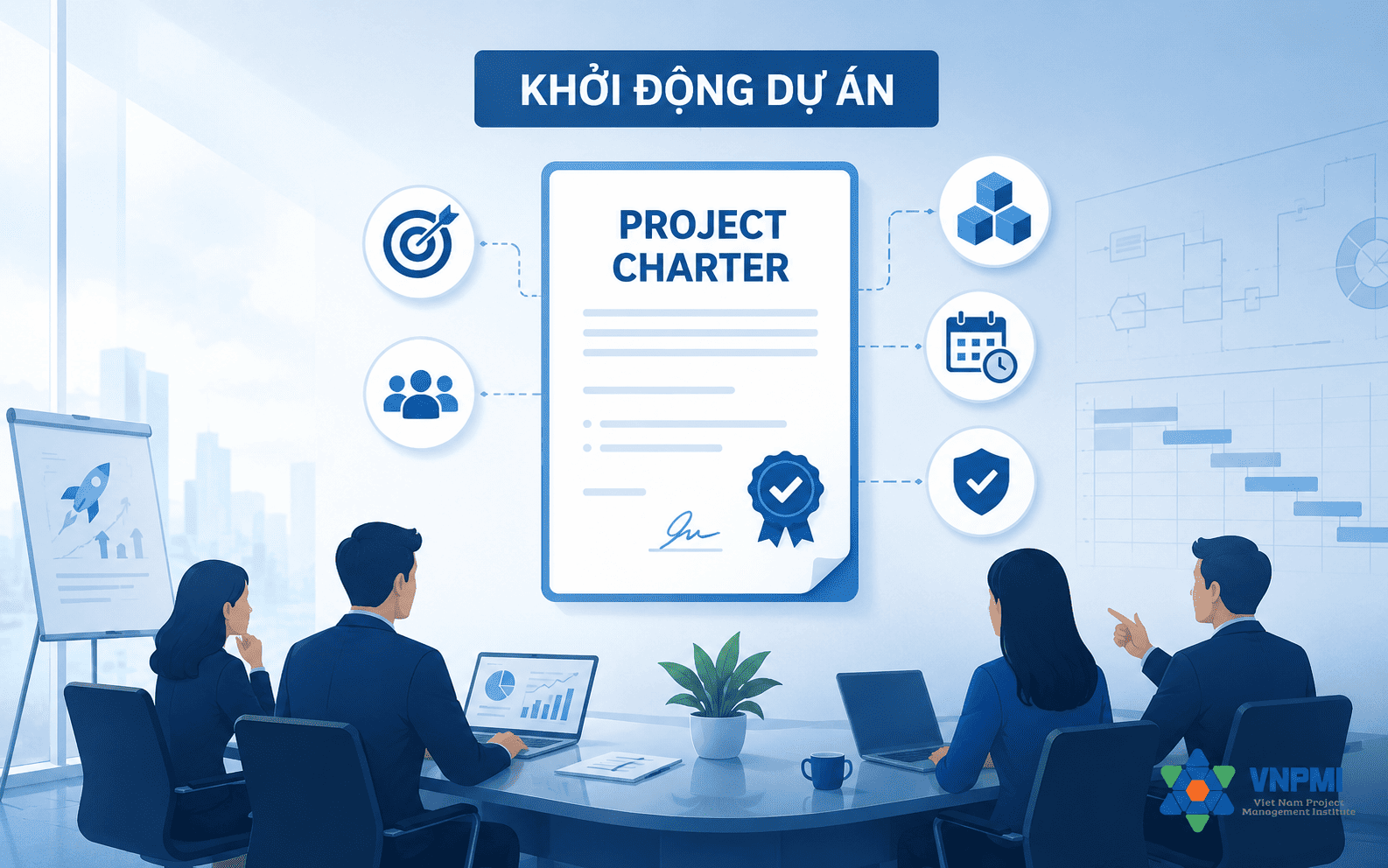 Năm câu hỏi cốt lõi của Project Initiation gồm vì sao, giá trị, phạm vi cao, ai quyết định và điều kiện thành công